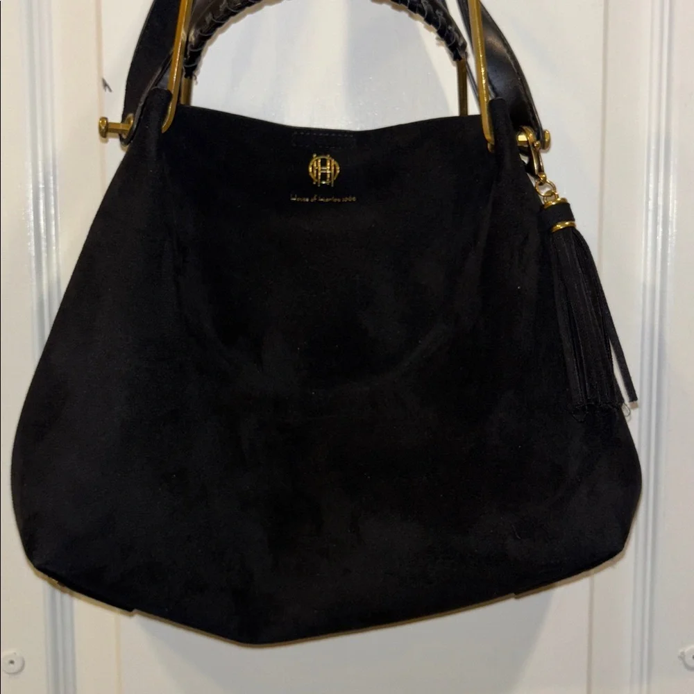 HOUSE OF HARLOW 1960 BLACK SUEDE BAG W/ SHOULDER STRAP GOLD/BRASS TONED HANDLE